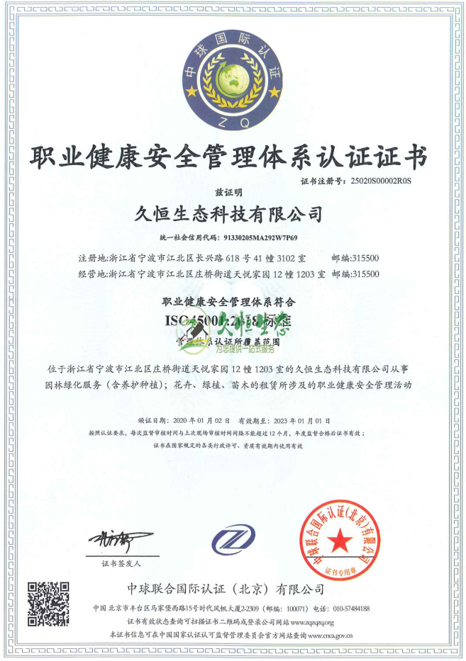 黄陂职业健康安全管理体系ISO45001证书